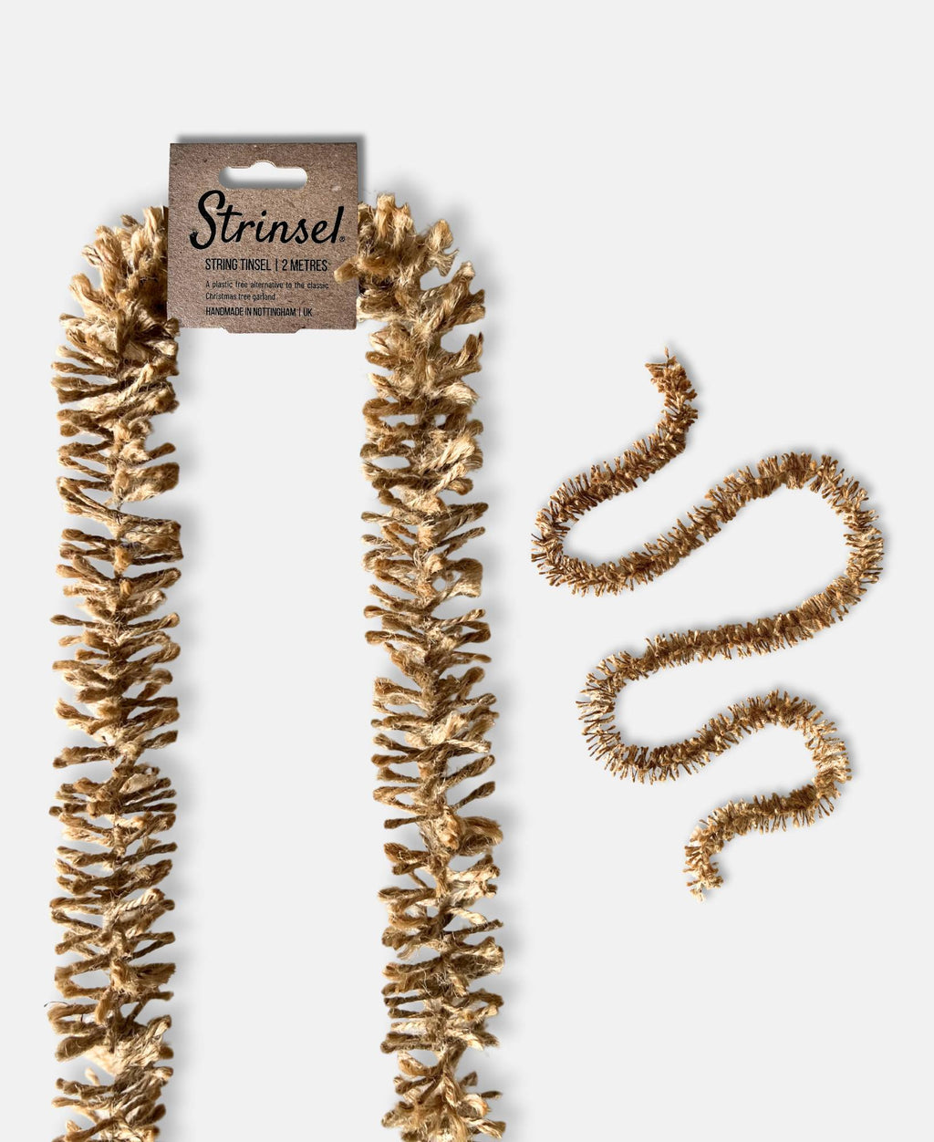 Naturally golden Strinsel jute string tinsel garland with and without packaging on a white background