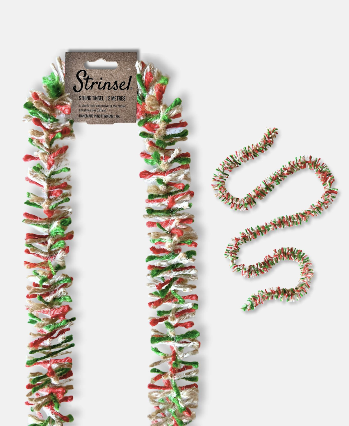 Red, green and white striped jute Strinsel string tinsel with a kraft label alongside a smaller image of a squiggle of Strinsel against a white background