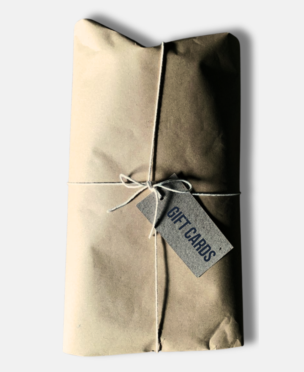 Package wrapped in brown paper with a visible 'Gift Cards' tag on a white background