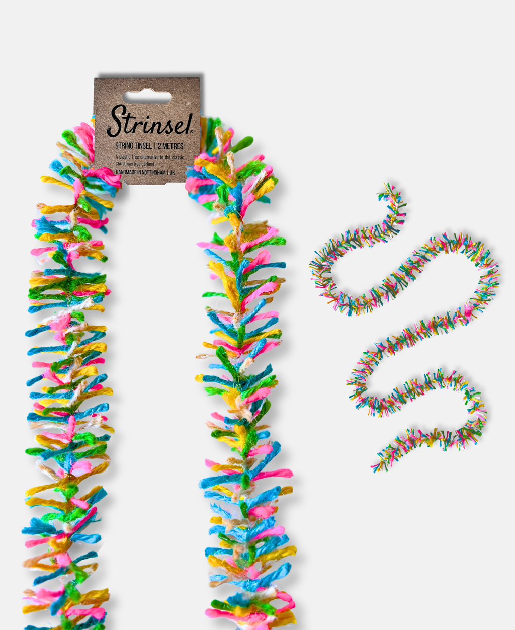 Neon Pop Strinsel jute string tinsel with and without packaging on a pale grey background