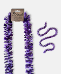 Purple Pop Strinsel jute string tinsel with and without packaging on a pale grey background