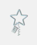 Star-shaped Christmas tree topper with a tag on a white background