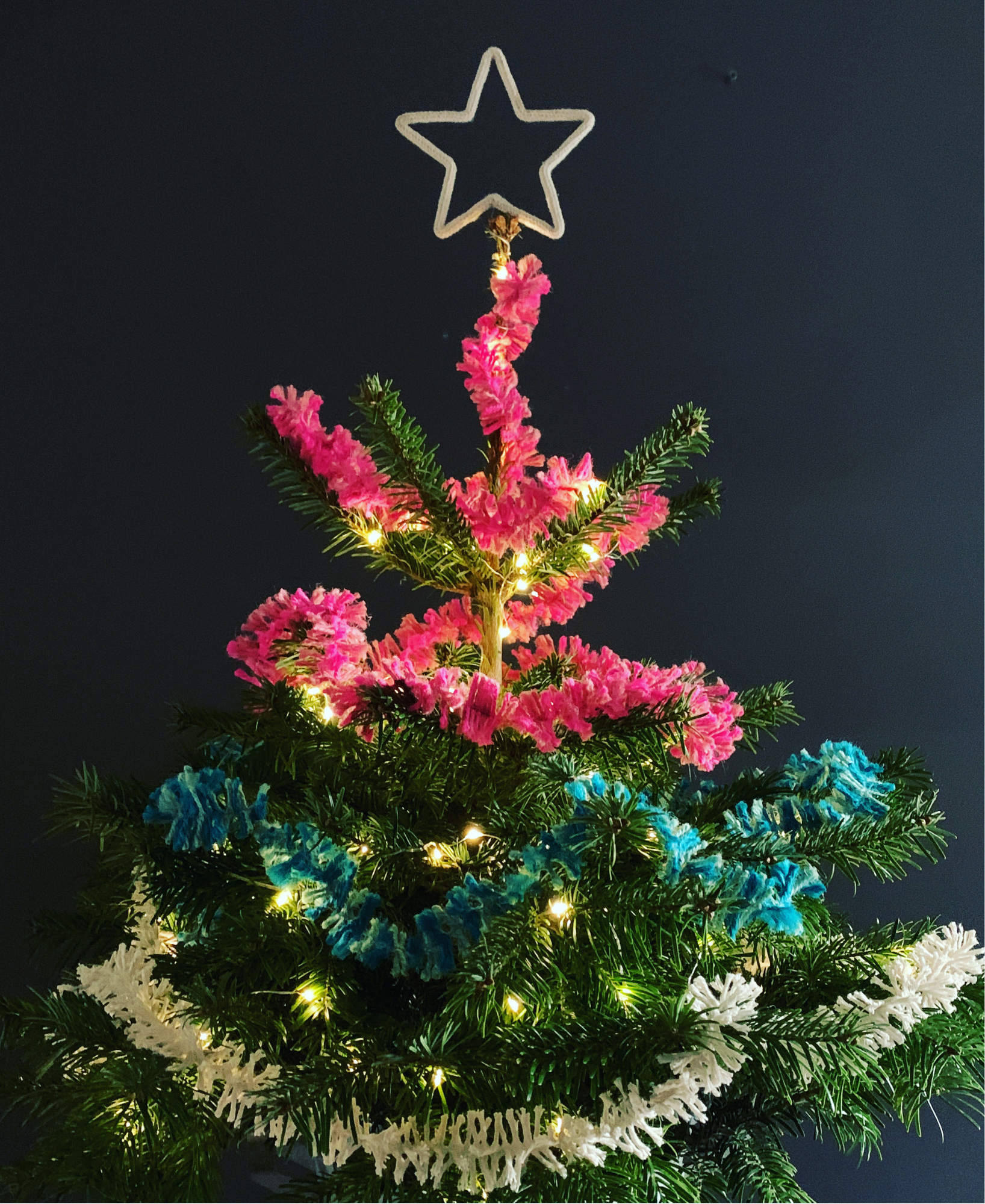 Decorated Christmas tree with colourful lights and topped with a star on a dark background