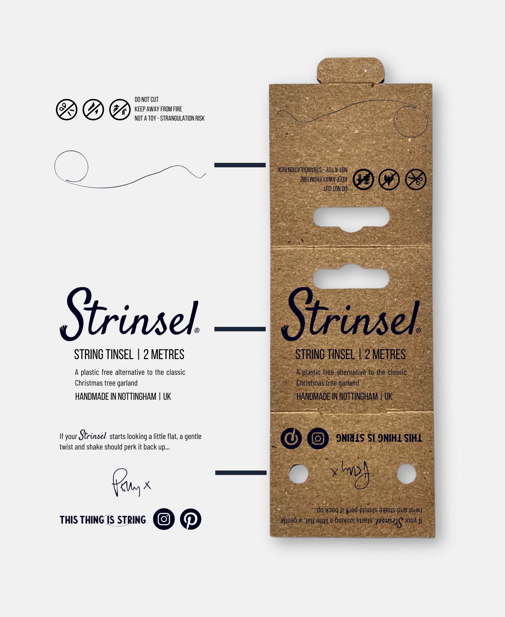 Strinsel string tinsel packaging with brand name and product details on a white background