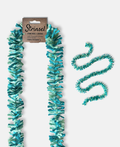 Teal and aqua Strinsel jute string tinsel with and without packaging on a pale grey background